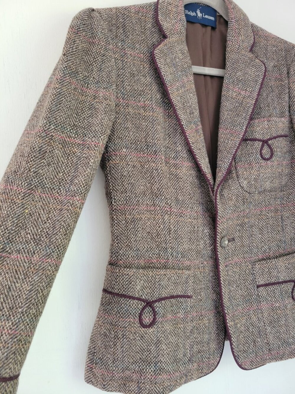 Vintage Ralph Lauren 100% Wool Herringbone Tweed Blazer Burgundy Trim Size 6 - Picture 4 of 13